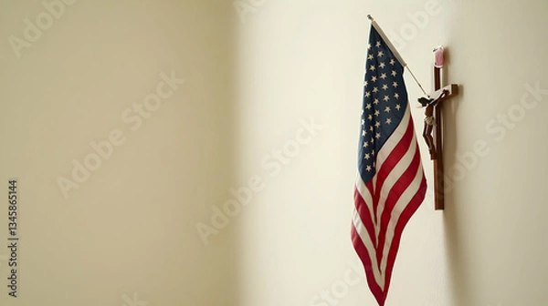 Obraz American Flag Hanging With Cross On Beige Wall