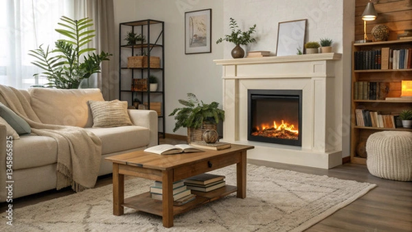 Fototapeta A cozy living room scene featuring a warm, inviting fireplace as the focal point, complemented by soft natural light and a neutral color palette.