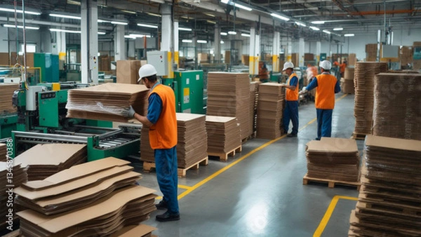 Obraz 製造ラインで段ボールを扱う作業員と山積みの資材 - 工場、梱包、物流、製造業における労働と供給の風景