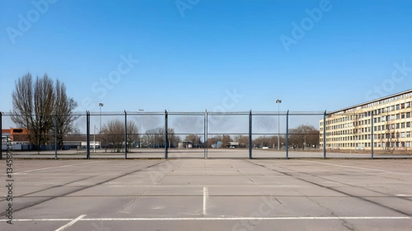 Fototapeta Wide View Of An Empty Urban Parking Lot With A Wire Fence And Residential Buildings Under A Clear Blue Sky
