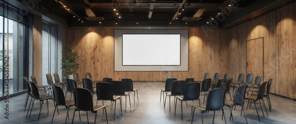 Obraz 壁にスクリーンが設置されている会議室