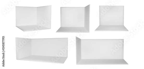 Fototapeta 3d empty corner booth room mockup. White wall trade show cube box. Perspective product display space for expo kiosk. Conference stall exhibition area. Store showroom section for small backdrop