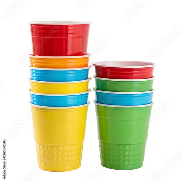 Obraz A set of tall, colorful plastic drinking cups, isolated on white or transparent PNG.