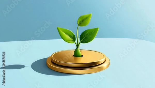 Fototapeta ESG 3D concept. Green plant emerging from a golden base against a blue background.