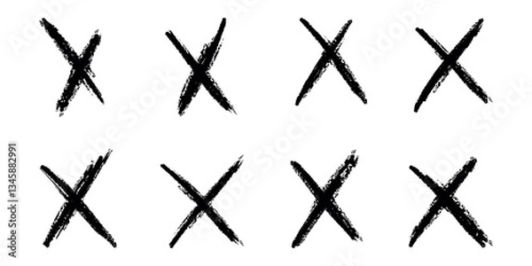 Fototapeta Hand drawn black crosses. Crayon brush handwritten. Marker stroke, pen scribble. Grunge chalk cross set. Strikethrough x doodle lines. Isolated child vector illustration on white background.