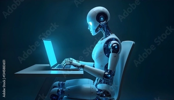 Fototapeta A futuristic humanoid robot is sitting on a chair and work on laptop 