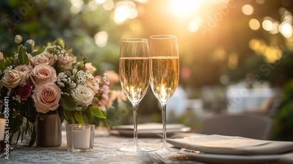 Fototapeta Two glasses of sparkling wine sit on an elegant table