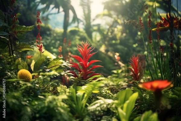 Obraz untouched wilderness of natural forest bursts with an exuberant tapestry of diverse plants, harmoniously coexisting and radiating an untamed beauty that captivates senses  
