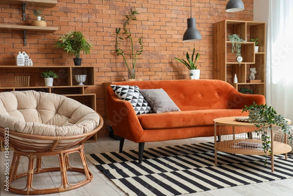 Fototapeta Interior of living room with armchair, red sofa and houseplants