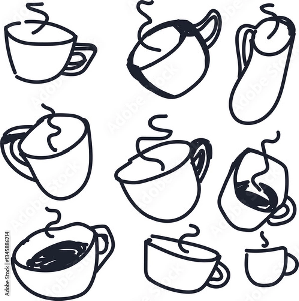 Fototapeta A set of cartoon simple icons in the form of mugs with hot drinks.