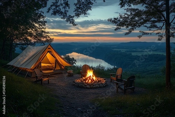 Obraz Serene Sunset Campsite Illuminated Tent, Campfire, and River View