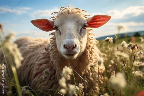 Obraz vibrant coexistence of lively sheep and flourishing meadows epitomizes blissful bond between these content creatures, bountiful fields, and their indispensable contribution to realm of farming and pas