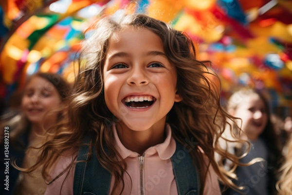 Obraz vibrant energy of children radiates through their playful interaction with kaleidoscope of colors in rainbow, showcasing their innocence and pure delight