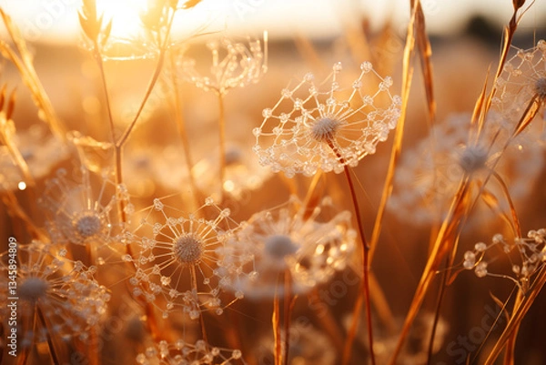 Obraz vibrant tapestry of life is woven together through delicate dance between grass flowers, revealing web of interdependence between flora, fauna, and their surroundings