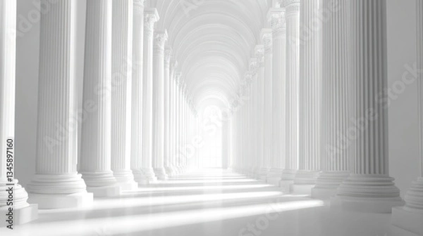 Fototapeta White colonnaded hall, light, perspective, architecture, empty space.  Possible use Stock photo for architectural, design, or commercial projects