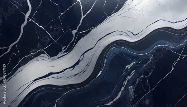 Fototapeta Luxury Dark Marble Texture with Silver Veins and Abstract Fluid Swirling Patterns