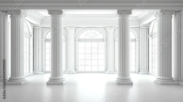Fototapeta Classic white columns interior, large windows, empty room, architectural design, high-end stock photo
