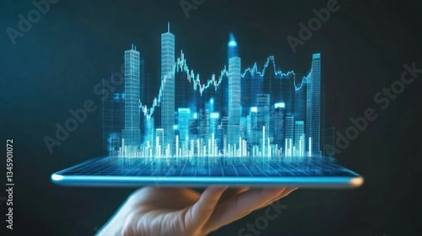 Fototapeta Hand holding tablet displaying a city skyline with superimposed stock market graph. (1)