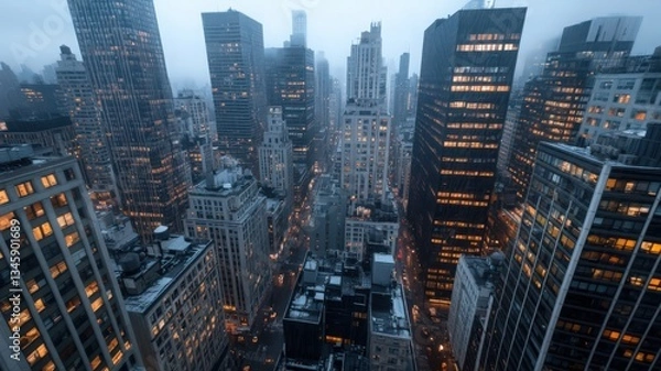 Fototapeta Snow Covered Cityscape at Dawn: Aerial View of Illuminated Buildings