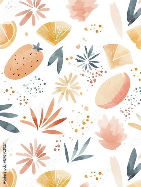 Fototapeta Modern minimalistic summer design elements with fruits and leaves vibrant background abstract art style