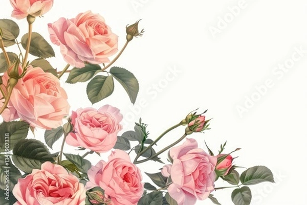 Fototapeta Vibrant Picture of Bouquets of Pink Roses on White Background for Wedding Design