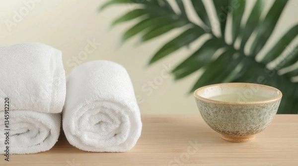 Fototapeta Relaxing Towels And Bowl With Lush Greenery Nearby