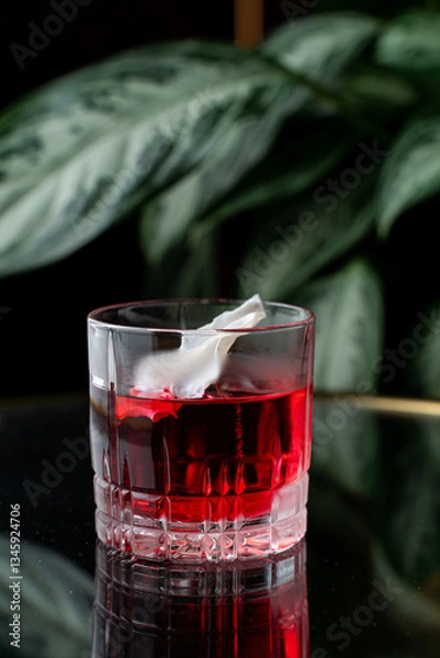 Fototapeta A sophisticated cocktail rests in a stylish glass, showcasing deep red liquid and a delicate garnish