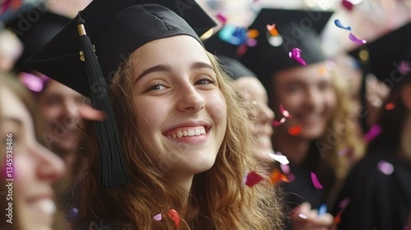 Fototapeta A happy graduate smiling in her cap and gown, ready for the next chapter