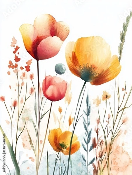 Fototapeta Delicate watercolor painting of poppies, orange and red hues, meadow backdrop, with copy space