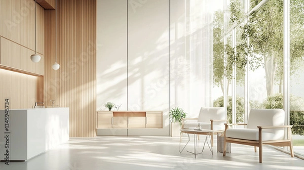 Fototapeta Human-Centered Clinic Design: Scandinavian-Inspired Consultation Room with Biophilic Elements & Seamless Tech Integration - Ultra HD Medical Interior Rendering