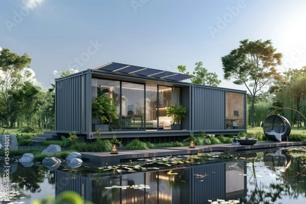 Fototapeta Sleek Grey Container Office with Solar Panels and Reflective Water Feature