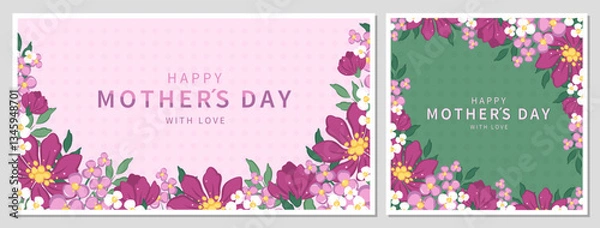 Fototapeta Mother's Day card set. Spring summer floral design. Vector illustration for banner, poster, label, template or cover with flowers frame. 