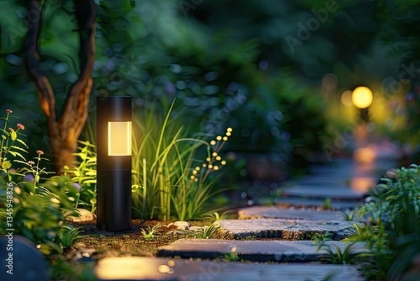 Fototapeta Detailed Visual  of Modern Led Garden Light on Landscaped Path