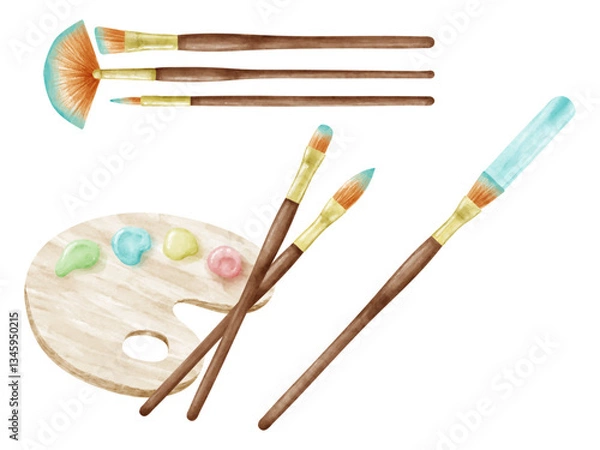 Obraz 絵の具の筆とパレットのイラストセット
