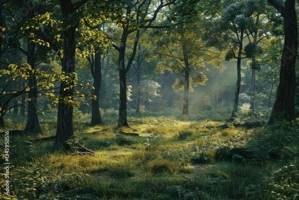 Fototapeta Detailed Color Picture of Morning Scene in the Woods with Sunlight Filtering Through Trees