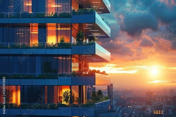 Fototapeta High Rise Office Building with Energy Efficient Lighting and Green Spaces