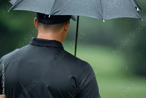 Fototapeta Golfer shelters from light rain with umbrella, looking determined on golf course
