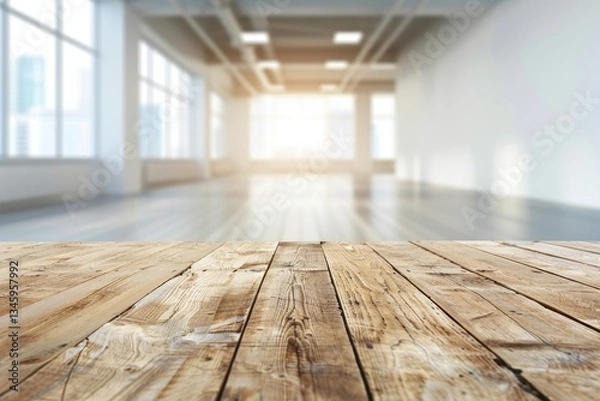 Fototapeta High Detail Visual of Wood Table Top with Office Building Background for Product Display