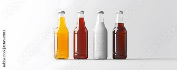 Fototapeta Four glass bottles showing different colored drinks on white background
