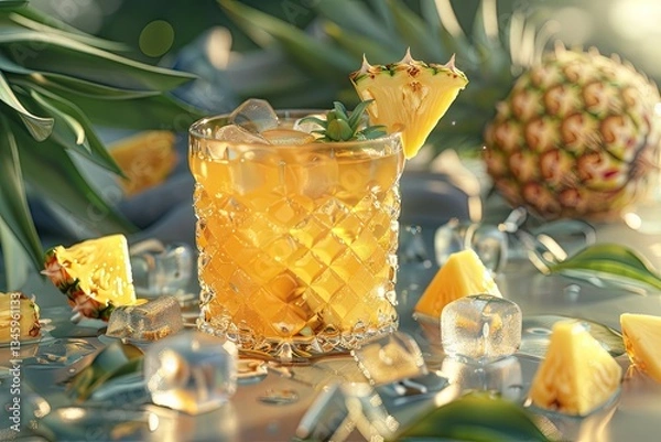 Fototapeta Flawless Visual of Iced Tea with Pineapples, Surrounded by Pineapple and Ice Cubes