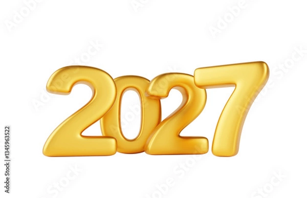 Fototapeta 2027 golden number on white background for Happy New Year and Christmas congratulation banner. Realistic 3d render gold metal font, typography for poster, calendar and greeting card