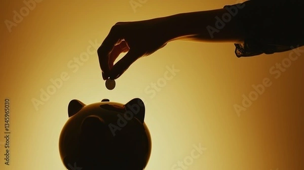 Obraz Hand silhouette drops a coin into a piggy bank, softly backlit, light background. Hand saving money with coin and piggy bank in backlit glow scene.