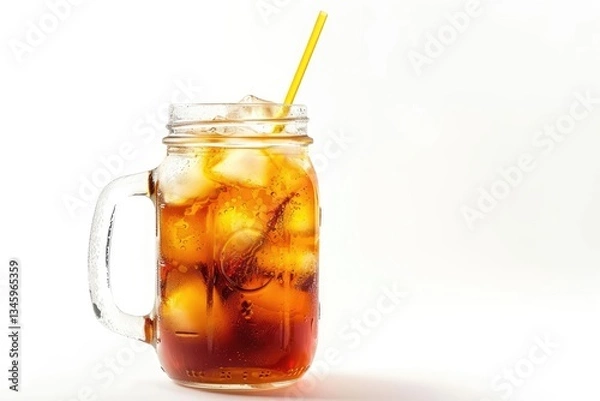 Fototapeta Vibrant Color Visual of Mason Jar Glass of Iced Tea with Straw Isolated on a White Background