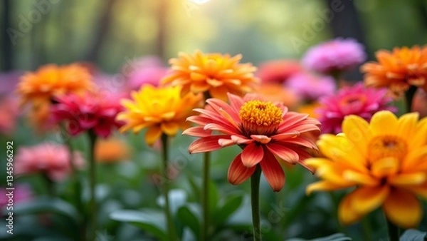 Fototapeta Vibrant orange and yellow petals, green leaves, and a yellow center
