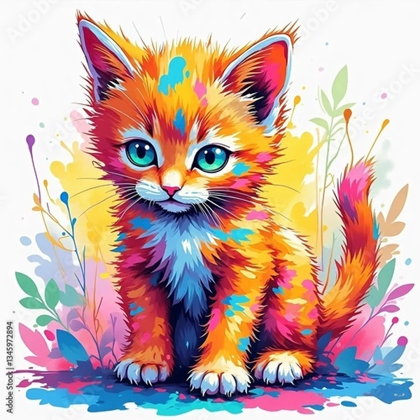 Fototapeta Playful kitten covered in vibrant colors, sitting attentively, on a white background