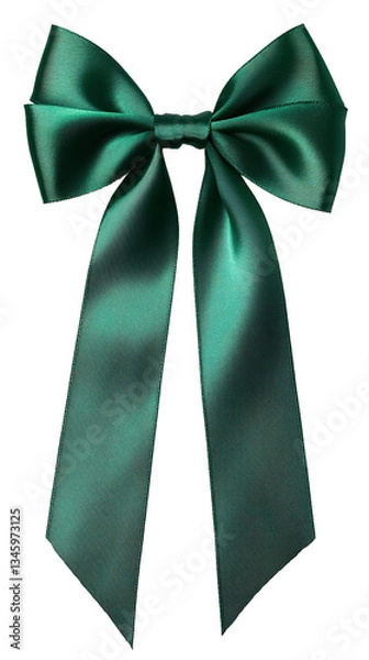 Obraz a classic dark green satin bow with long flowing tails hanging down on a png file with transparent background
