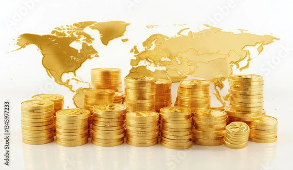 Fototapeta Stacks of Golden Coins with World Map Representing Global Finance