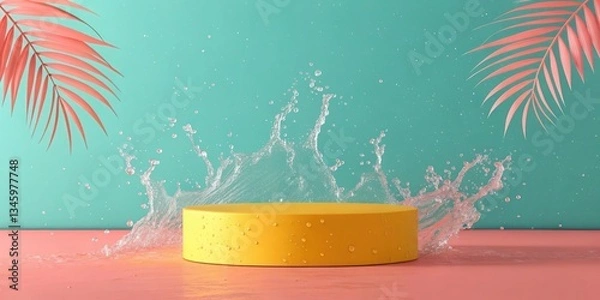 Fototapeta A sunny yellow podium with tropical water splashes, on a gradient background blending turquoise to coral pink.