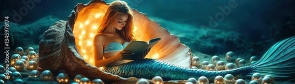 Fototapeta A mermaid reading a book in a giant seashell, glowing pearls surrounding her, underwater dreamlike ambiance, soft warm glow