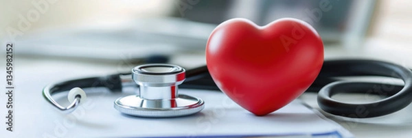 Obraz A stethoscope lies beside a bright red heart on a medical desk. This setting emphasizes themes of health, care, and patient well-being in a modern healthcare environment